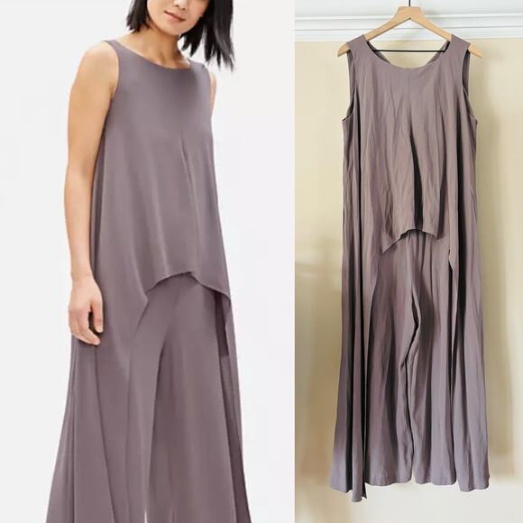EILEEN FISHER Layered Bateau Neck Silk Jumpsuit | Luna / Gray | L | NWT - Picture 1 of 12